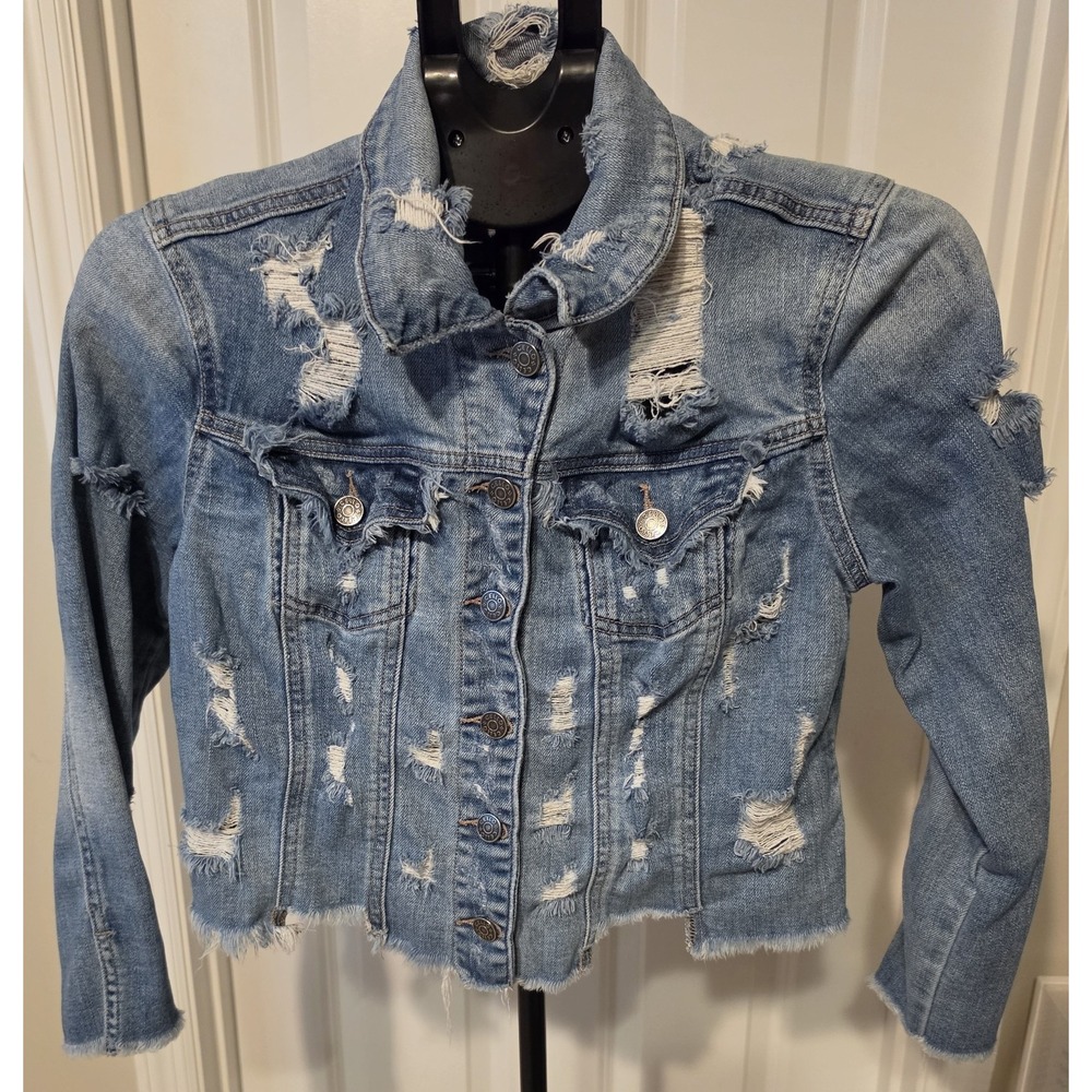 Cello Women's M Distressed Cropped Denim Jacket Blue Ripped Frayed Raw Hem Y2K